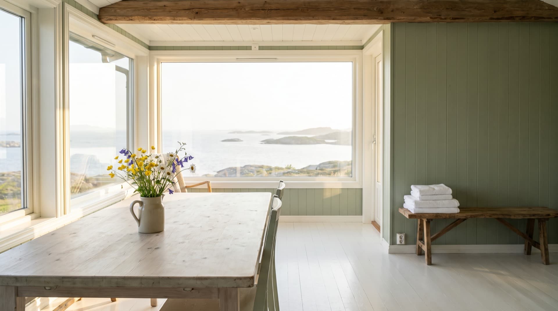 Bright coastal cabin living room prepared for guests after cleaning, scrubbed wooden table with wildflowers and fresh towels, skerries in view