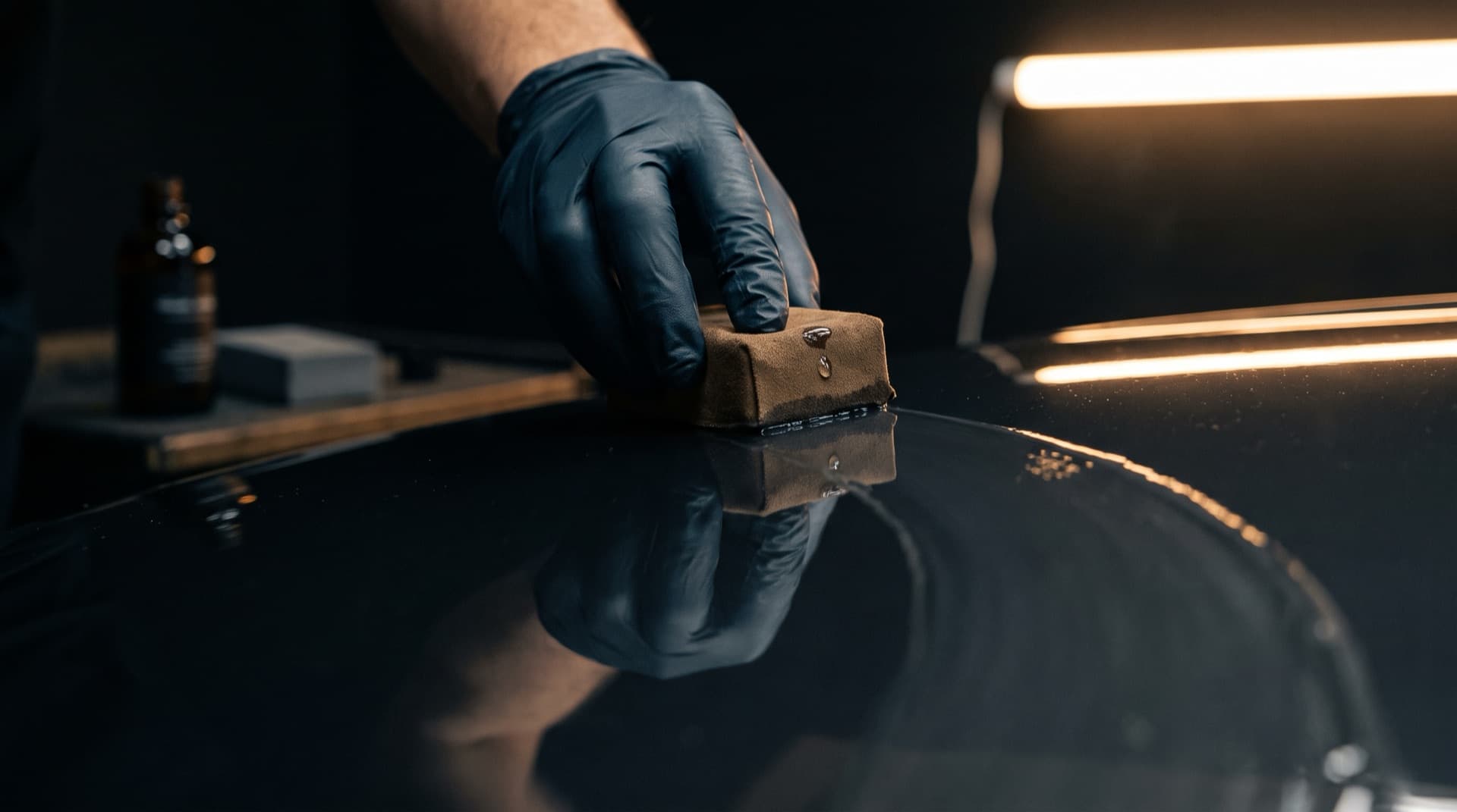Applikatorpute legger keramisk coating på blank, mørk billakk under en varm lysstripe.