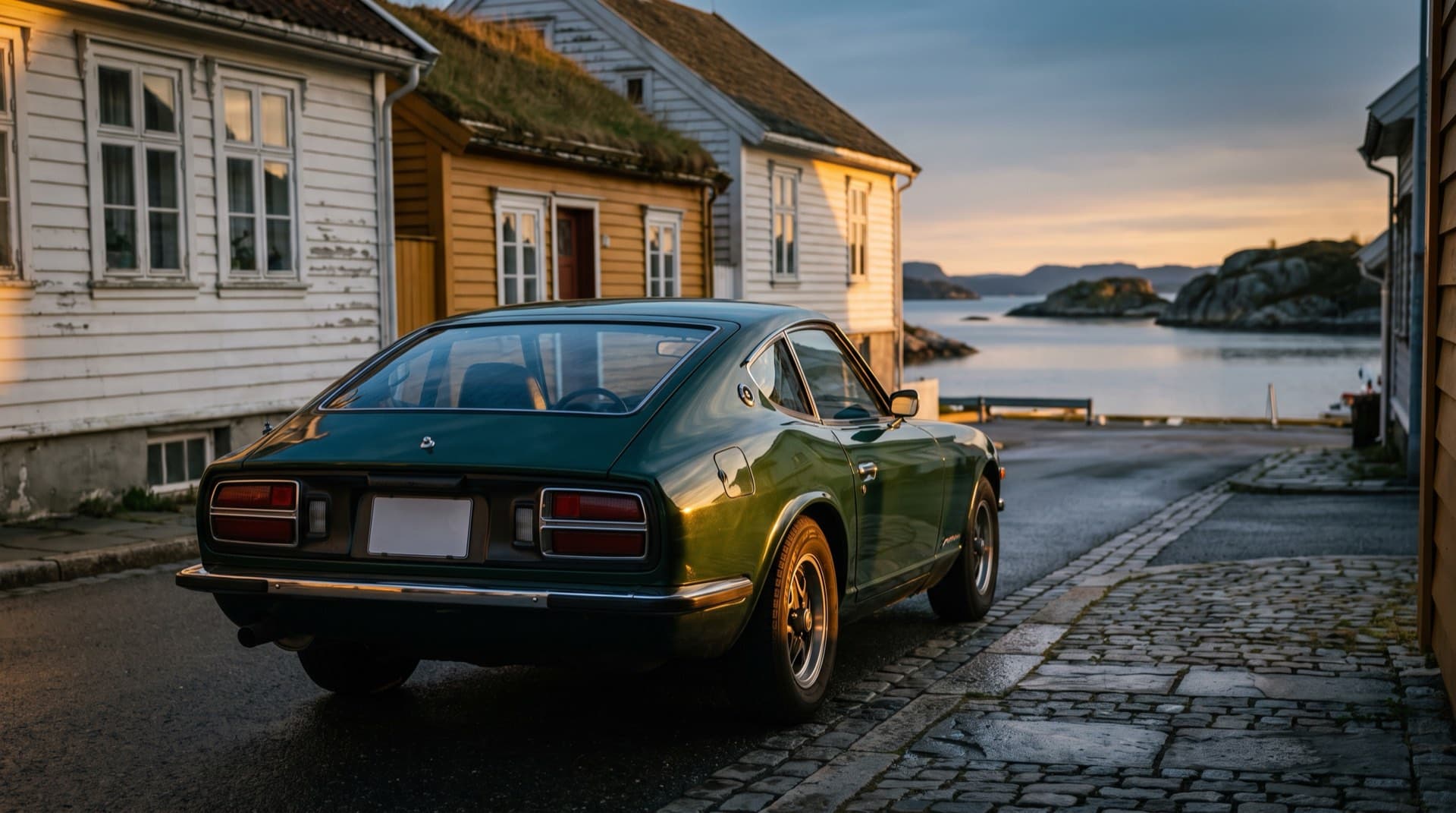 Freshly detailed dark green car parked on a quiet Norwegian coastal street in golden evening light.