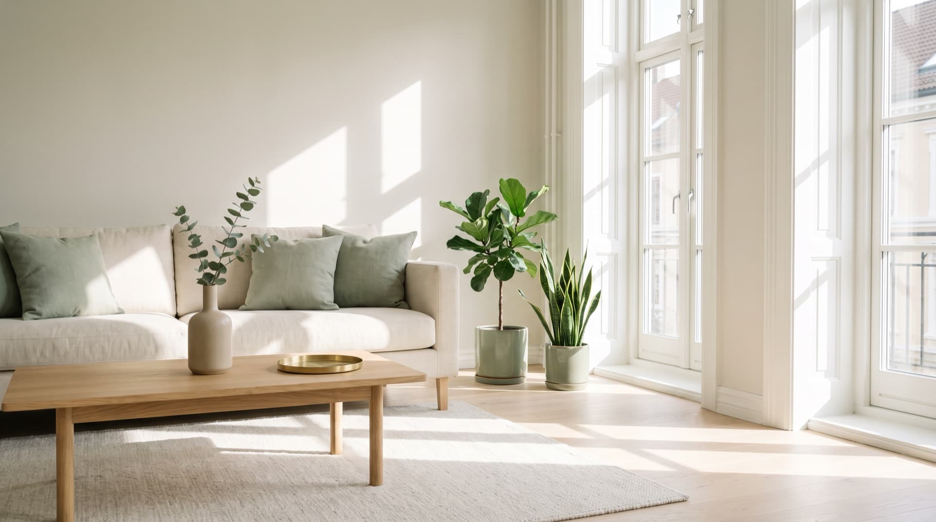 Sunlit Scandinavian living room with a cream sofa, sage green cushions and plants by the window.