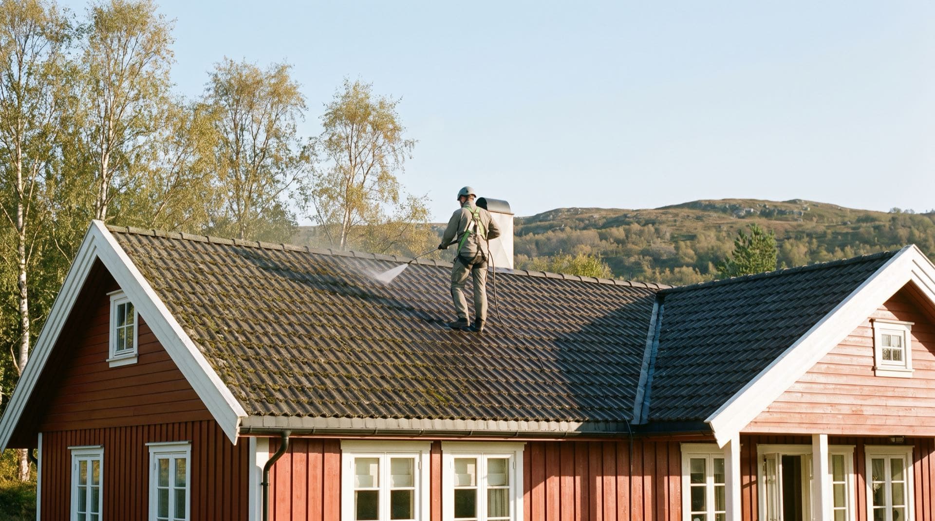 Technician in a safety harness soft-washing a moss-covered roof on a red Norwegian wooden house in morning light.